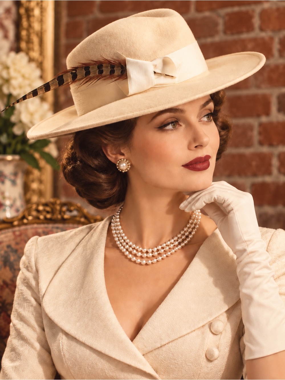 Vintage Lancaster Cream Wool Felt Feather Fedora